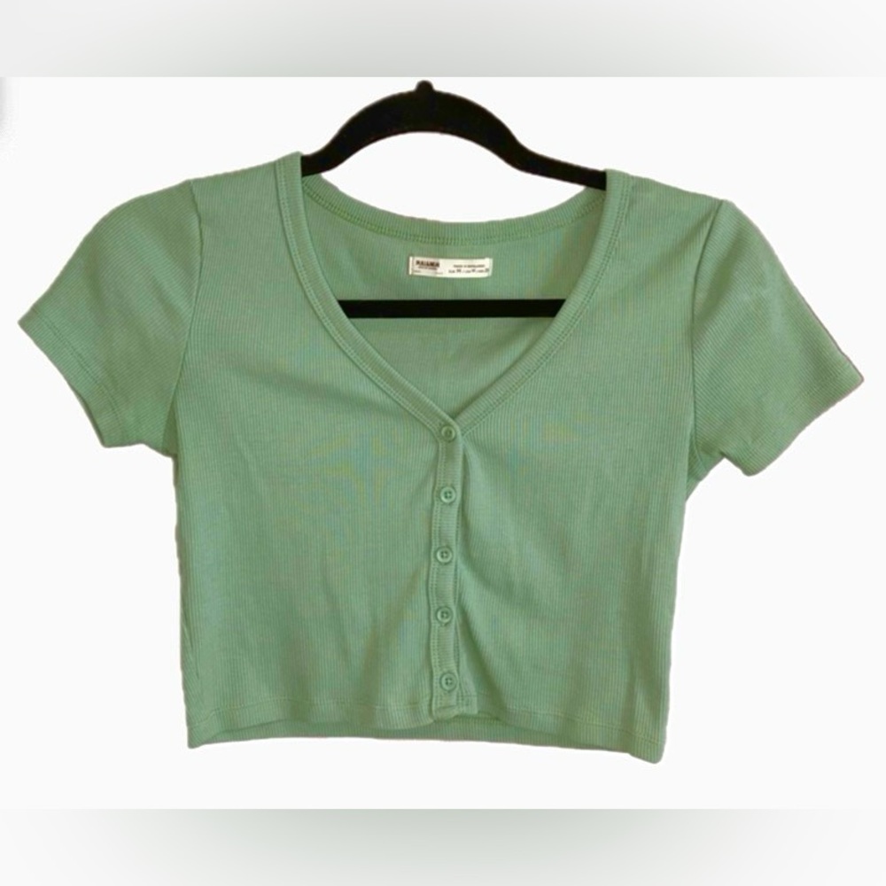Pull&Bear Updated Garments Cotton Crop Top, Button-up Tee, Medium
